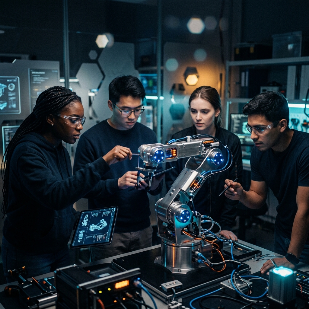Students working on advanced robotic arms